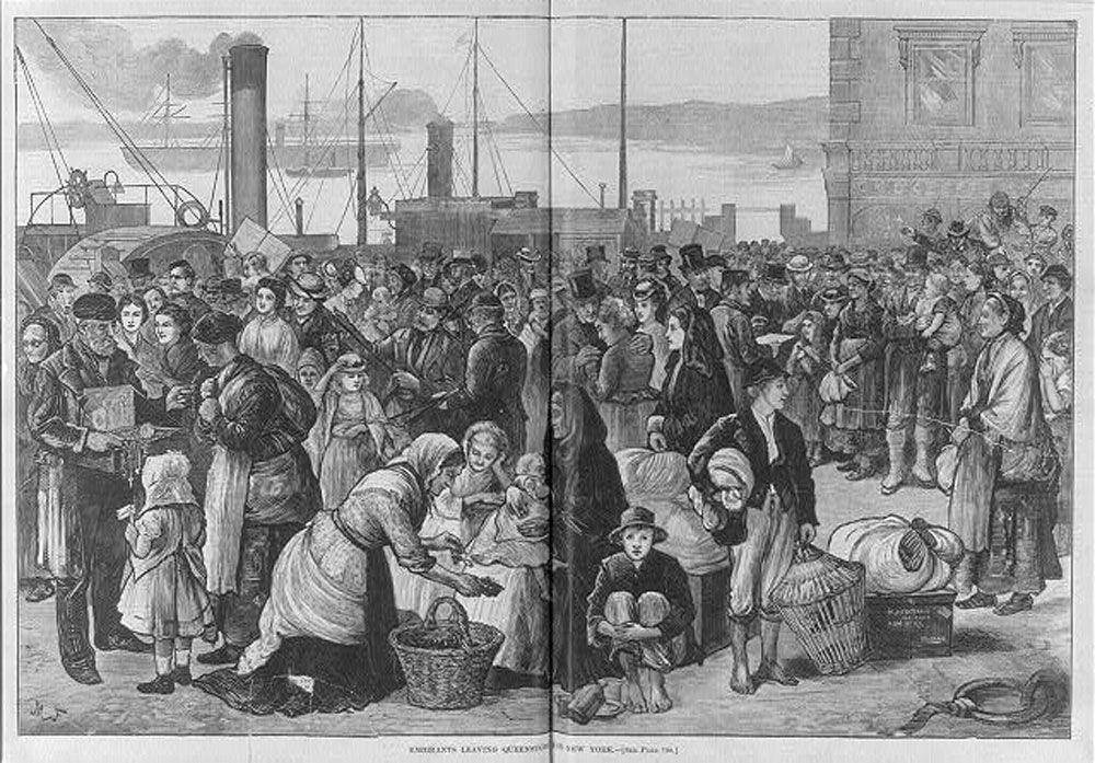 Engraving of a crowded quayside at Queenstown as Irish emigrant families wait to board