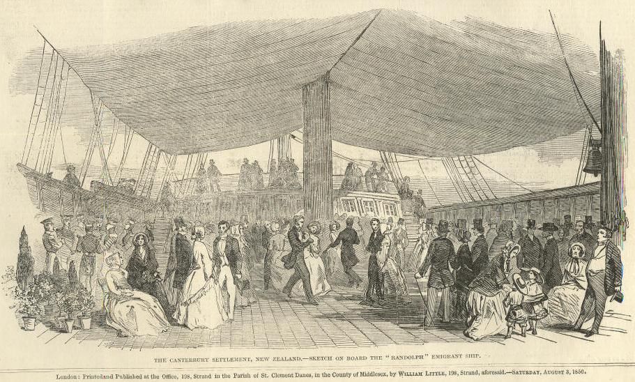 Engraving of emigrants dancing under an awning on the deck of the ship Randolph